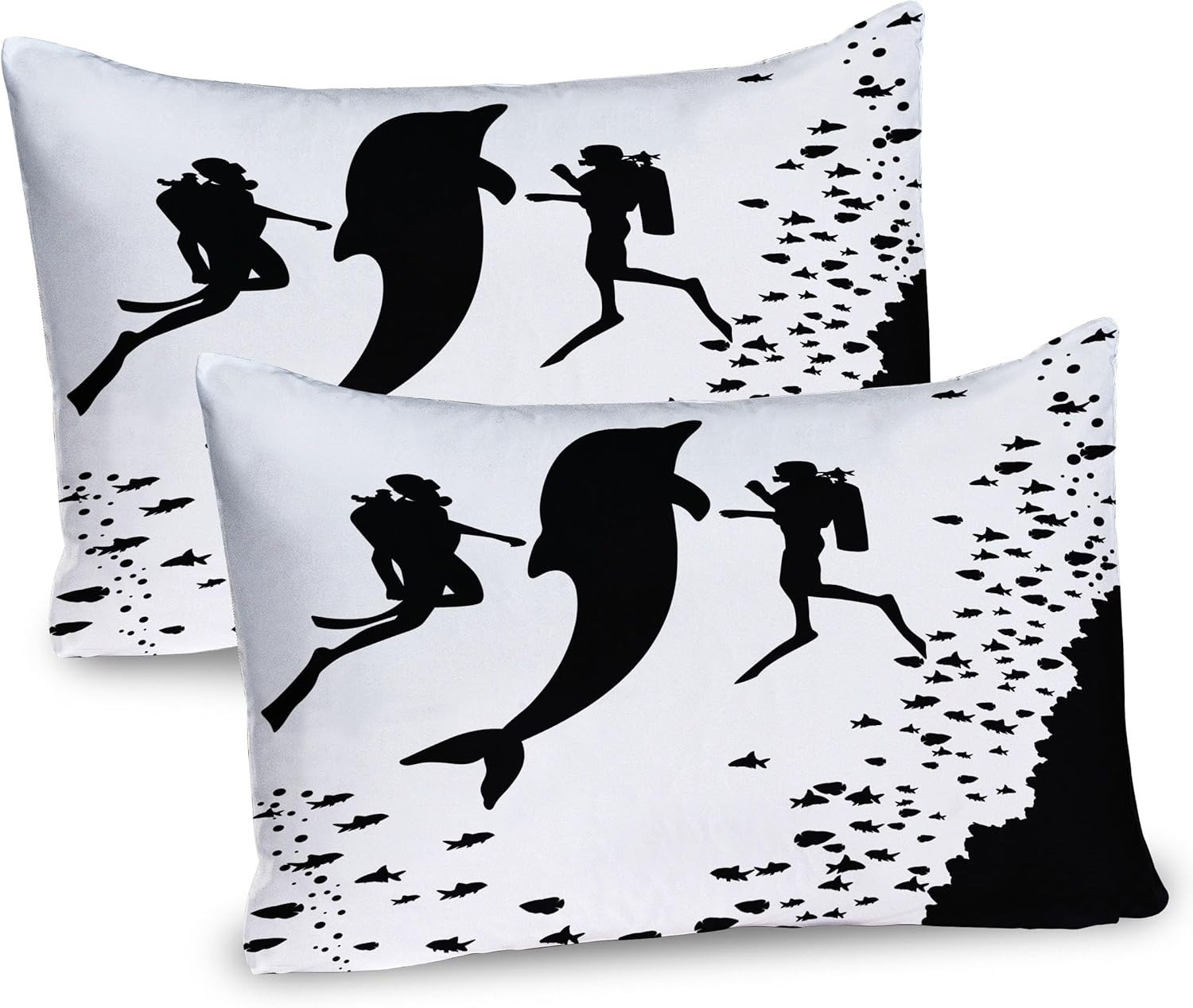 Bild von ABAKUHAUS Delfin Kissenbezug Packung mit 2, Zwei Taucher und riesiger Fisch-Schattenbild, die nah an dem Riff Monochrom schwimmen, Dekorativer Standard Gedruckter Kissenbezug, 80 x 40 cm, Weiß Schwarz