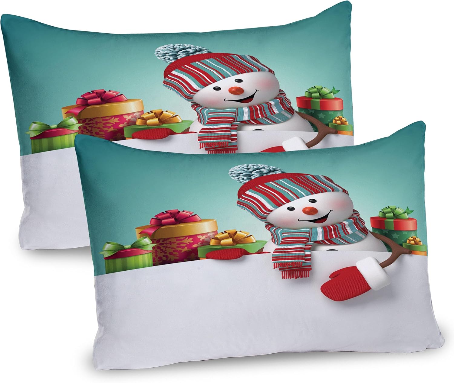 Bild von ABAKUHAUS Weihnachten Kissenbezug Packung mit 2, Schneemann mit Schal und Hut Geschenke Weihnachtszeit Julzeit Illustration, Dekorativer Standard Gedruckter Kissenbezug, 80 x 40 cm, Mehrfarbig