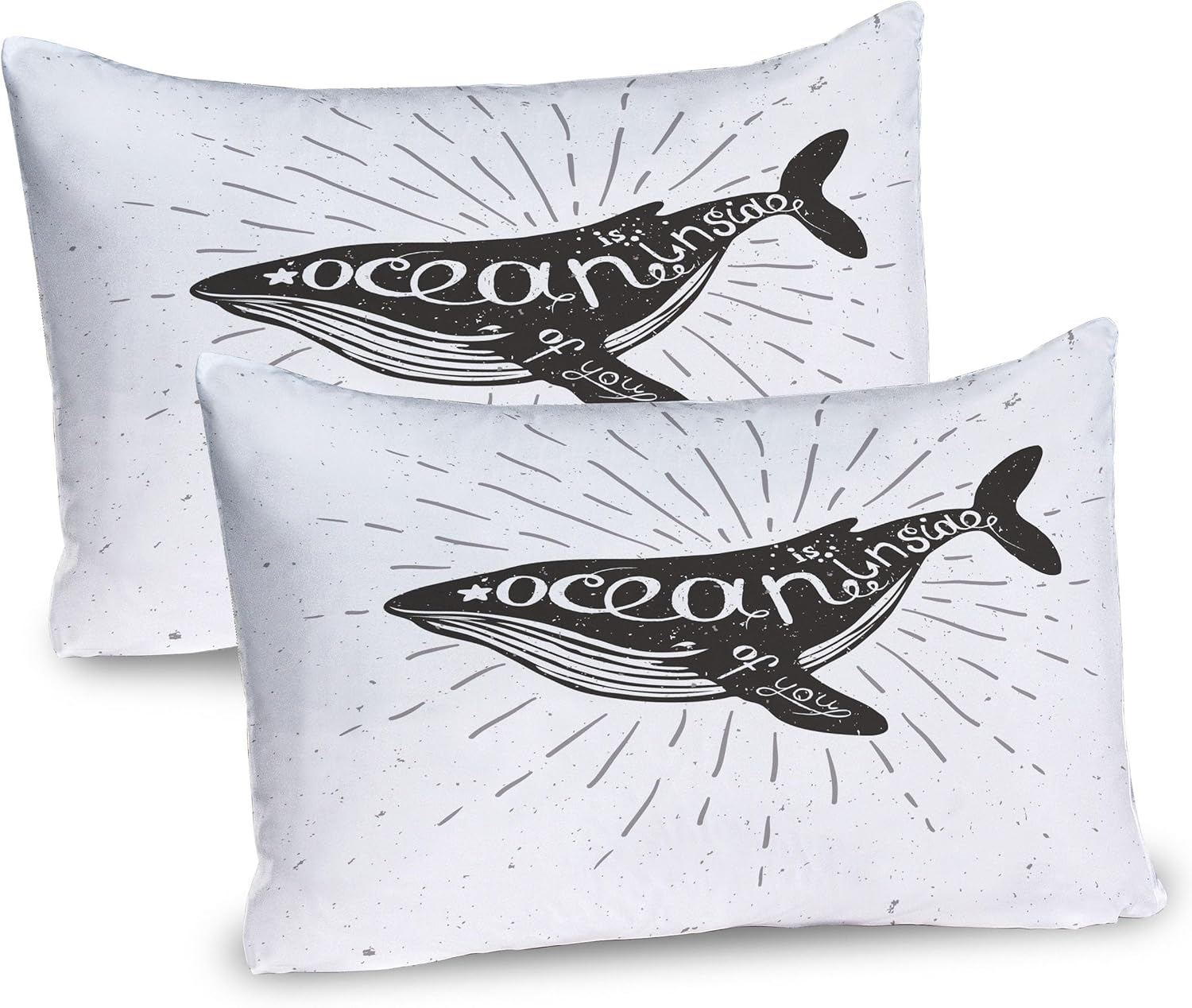 Bild von ABAKUHAUS Wal Kissenbezug Packung mit 2, Ozean innerhalb von Ihnen inspirierend Typografie mit großer Fisch-Schmutz-Illustration, Dekorativer Gedruckter Kissenbezug, 80 x 40 cm, Anthrazit grau