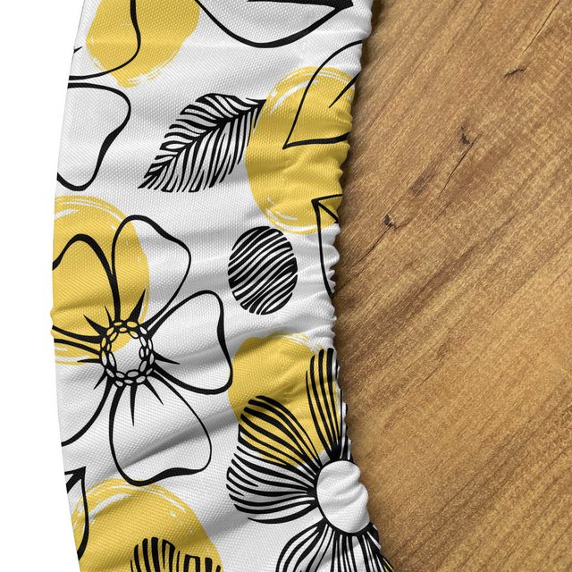 Bild von ABAKUHAUS Blumen Elastisches Rundtischtuch, Blätter und Flora Landschaft, Rundum-elastische Stofftischdecke, 90 cm - 100 cm, Senf Schwarz Weiß