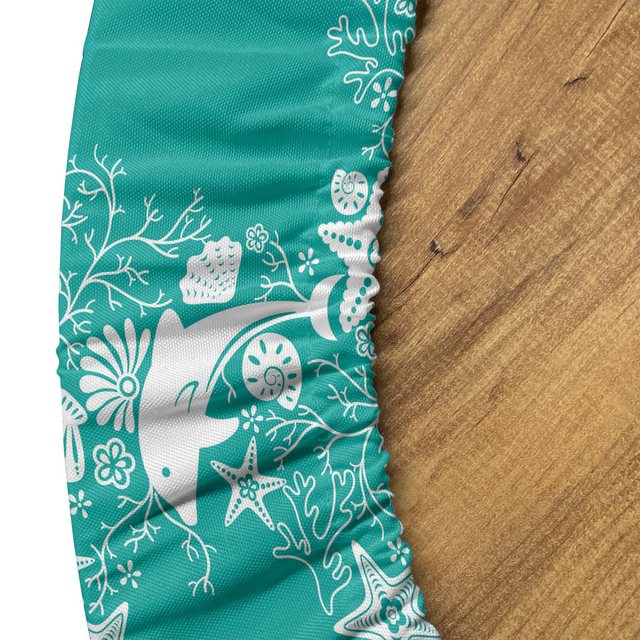 Bild von ABAKUHAUS Meerestiere Elastisches Rundtischtuch, Delphine und Blumen, Rundum-elastische Stofftischdecke, 90 cm x 100 cm, Sea Green White