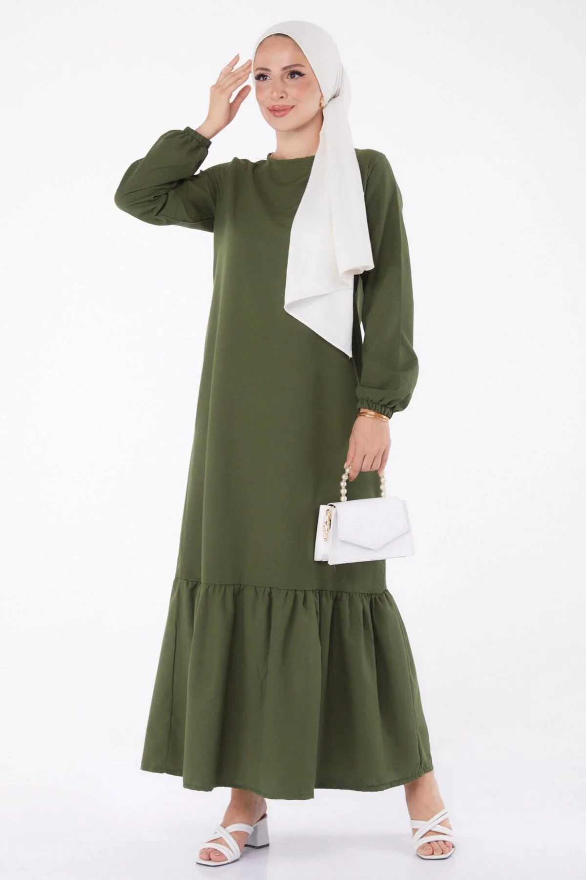 Bild von TOFİSA Khakifarbenes Kleid – Schlichter Rundhalsausschnitt – für Damen - 38