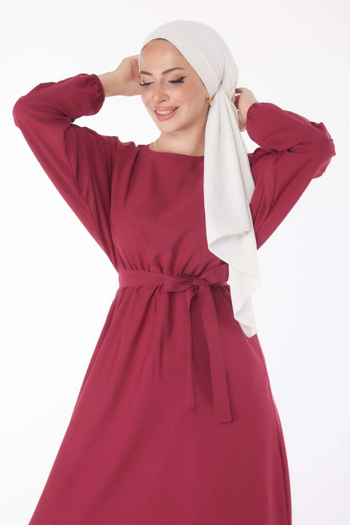 Bild von TOFİSA Weinrotes Kleid – Schlichter Rundhalsausschnitt – für Damen - 46