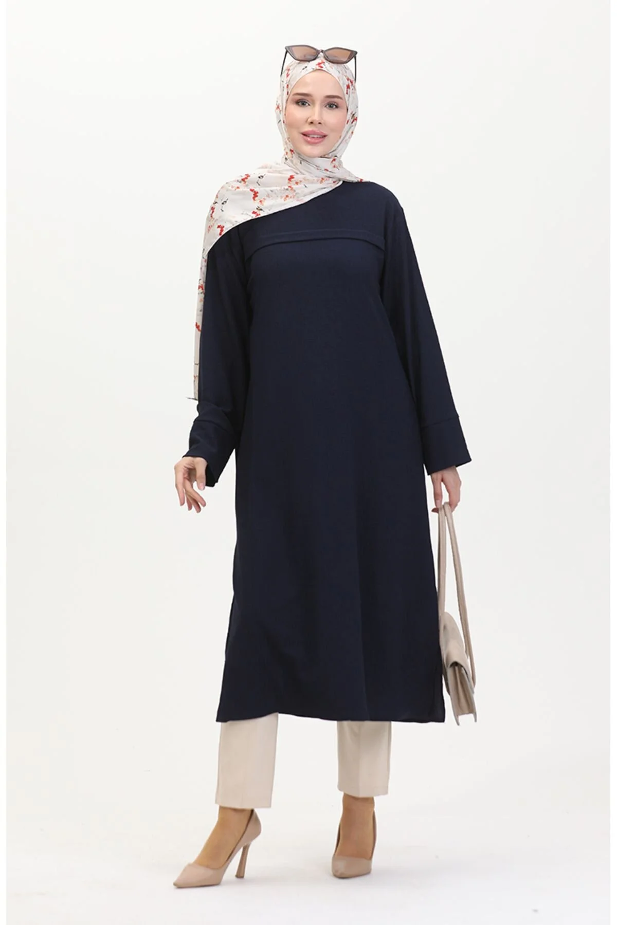 Bild von sefamerve Bürümcük Stoff-tunika Mit Streifen Vorne 5105-03 Marineblau für Damen - 46
