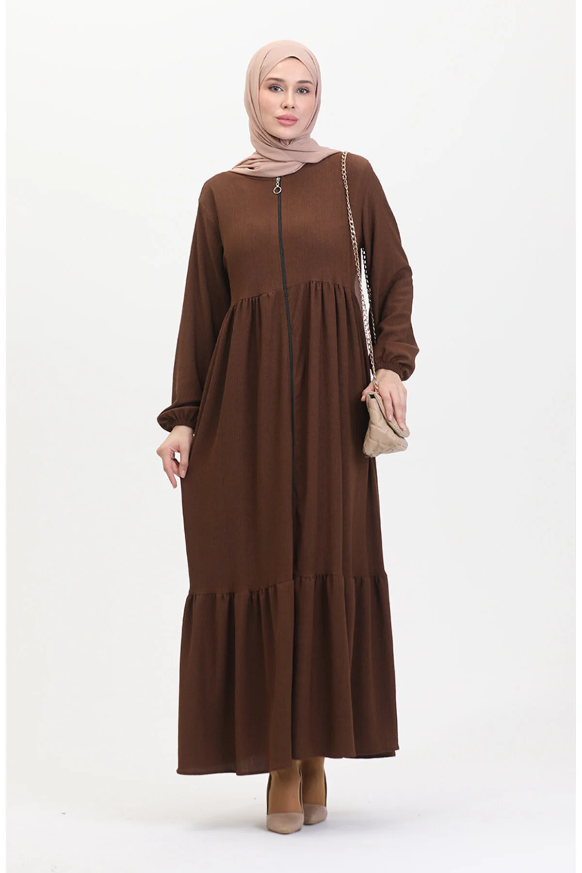 Bild von sefamerve Brauner Ferace-stoff Mit Kordelzug Und Reißverschluss 1018-08 für Damen - 52