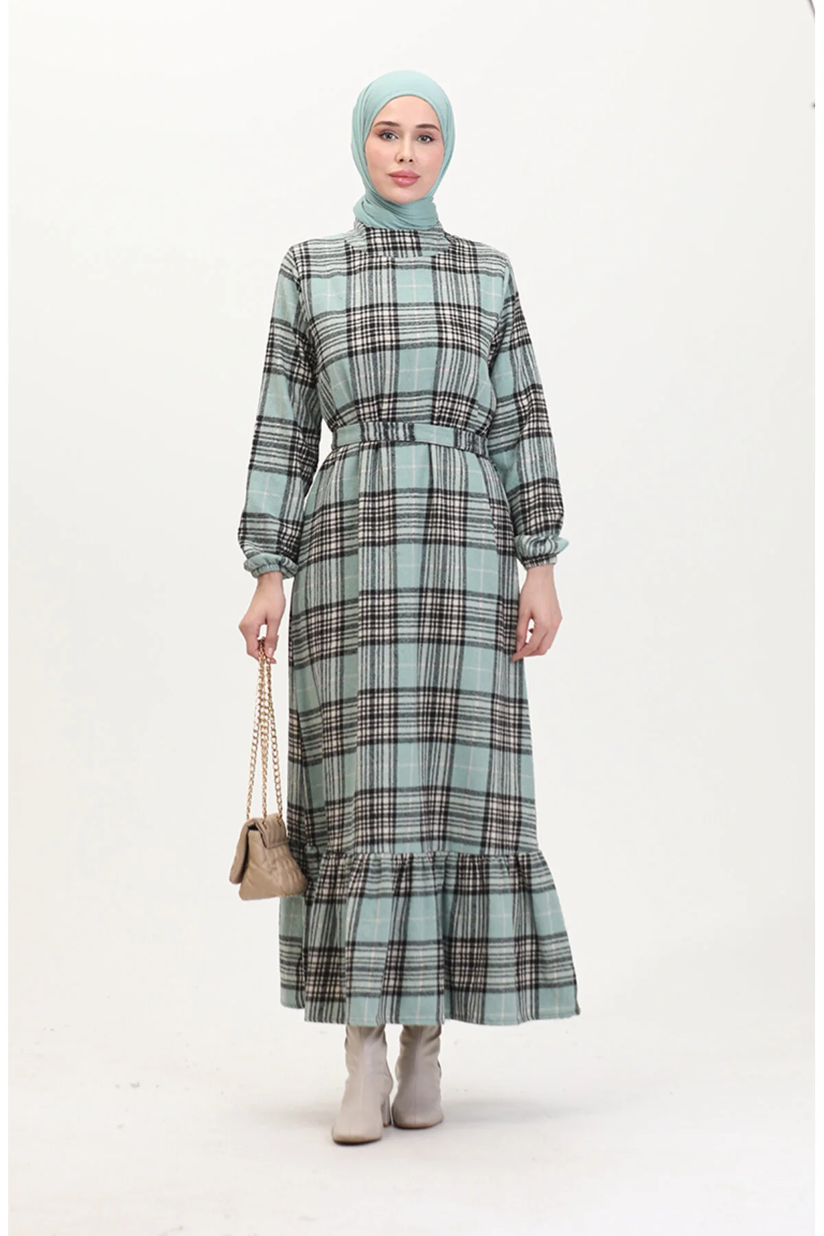 Bild von sefamerve Modest Fashion Kleid Grün Basic für Damen - 50-52