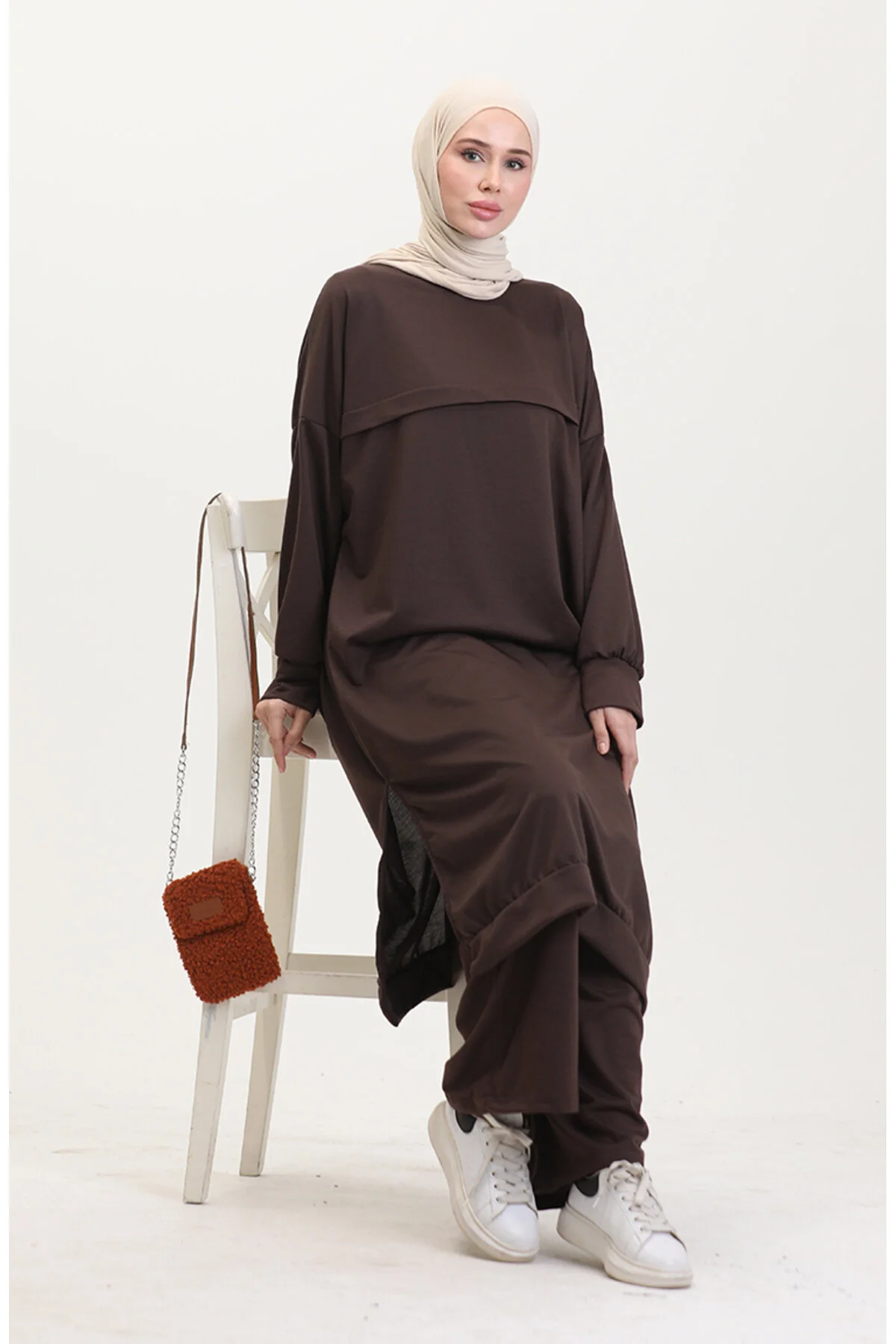 Bild von sefamerve Hijab Oberteil Unterteil Set Braun Relaxed Fit für Damen - 46-48