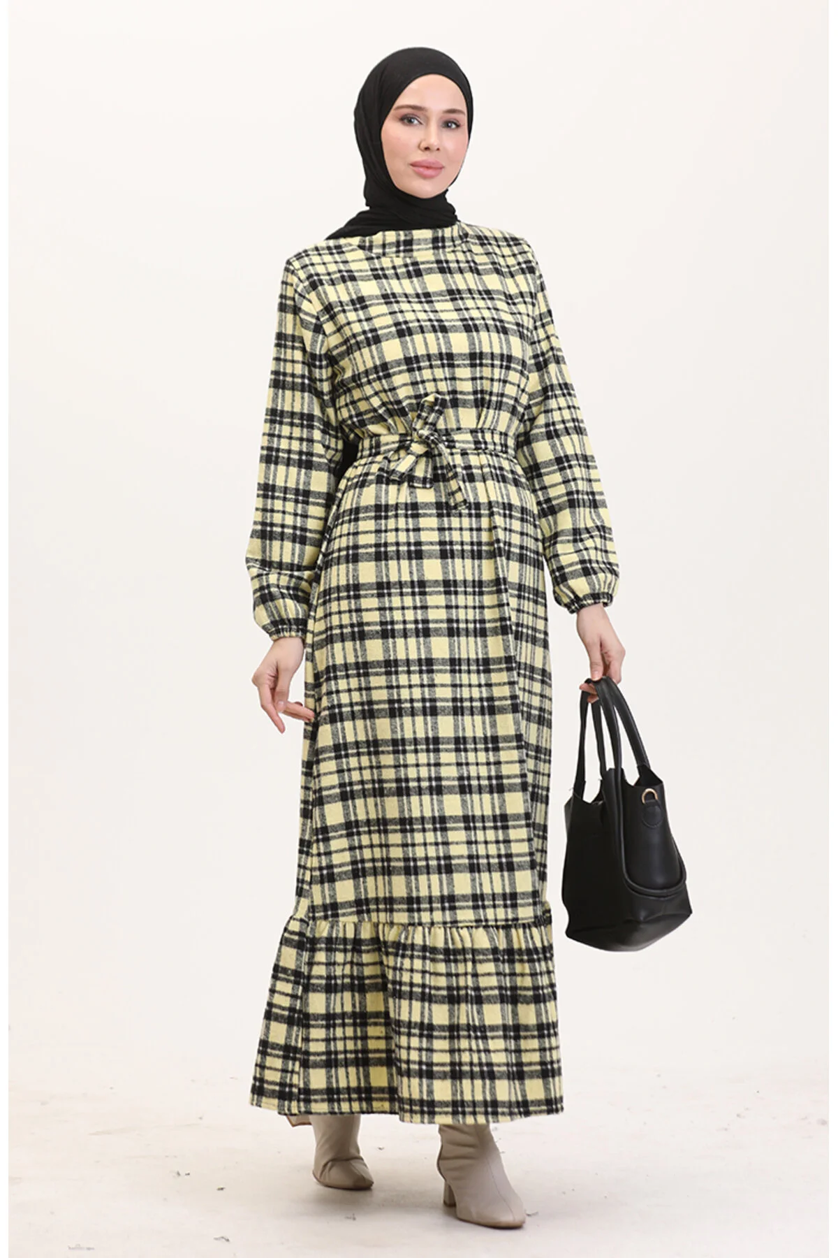 Bild von sefamerve Holzfäller-stoffkleid Mit Gürtel 0561-04 Gelb für Damen - 50-52