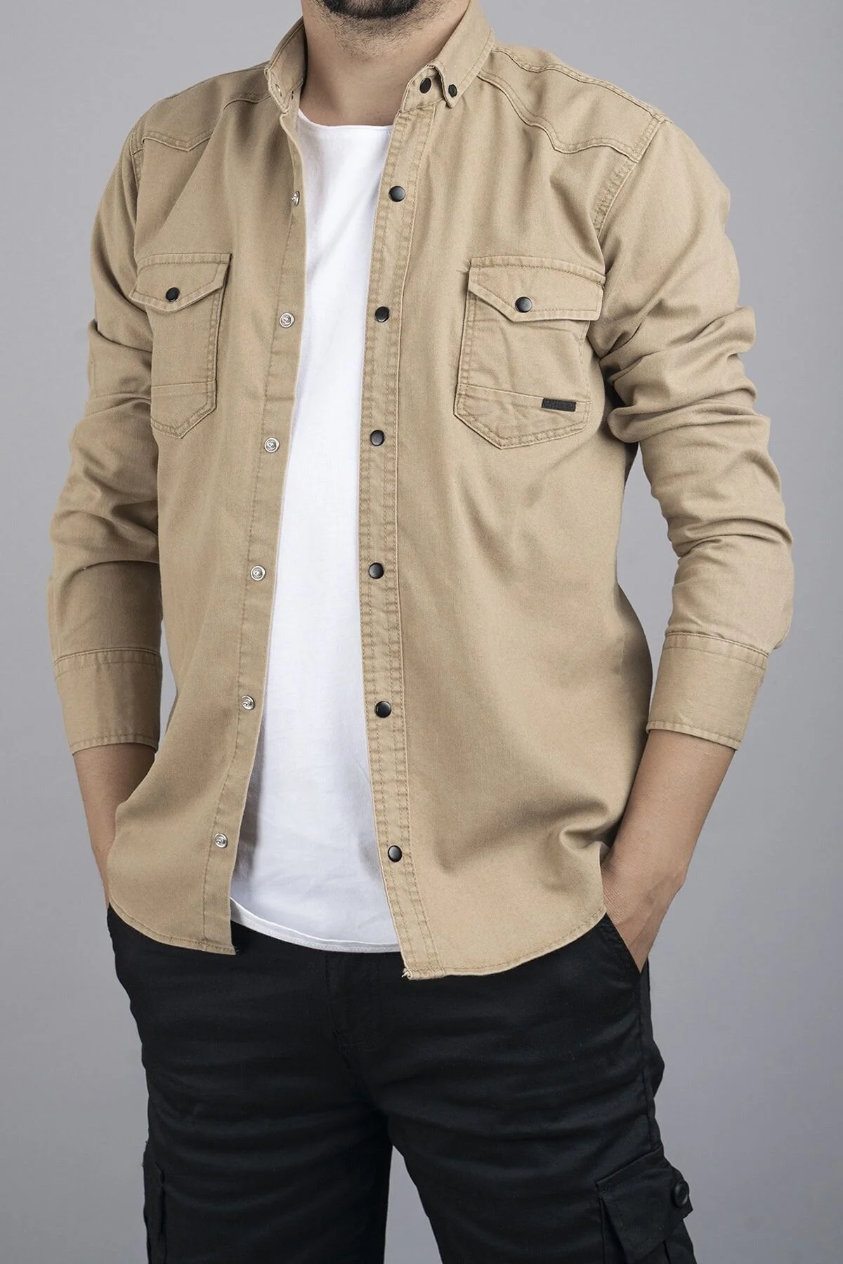 Bild von bombe Slim Fit Jeanshemd Beige für Herren - L