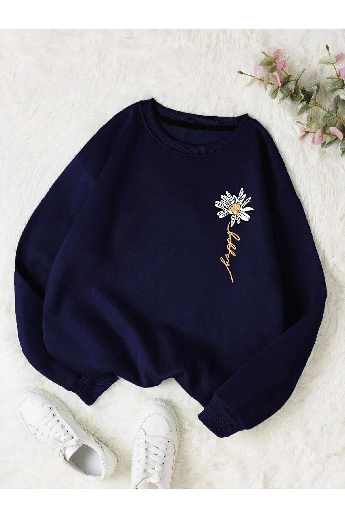 Bild von Know Marineblaues Sweatshirt Mit Gänseblümchen-print Und Rundhalsausschnitt - M