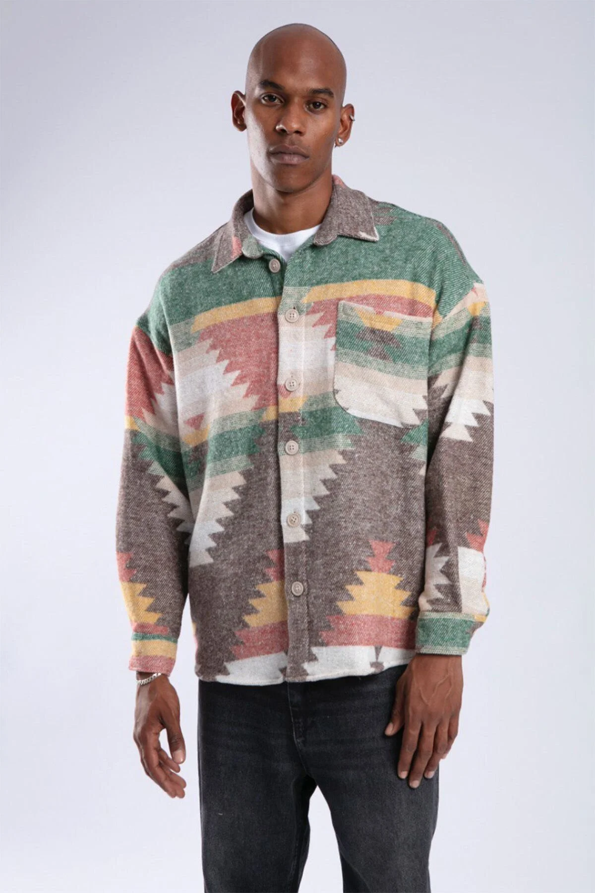 Bild von XHAN Braunes Oversize-hemd Mit Ethnischem Muster -18 für Herren - XL