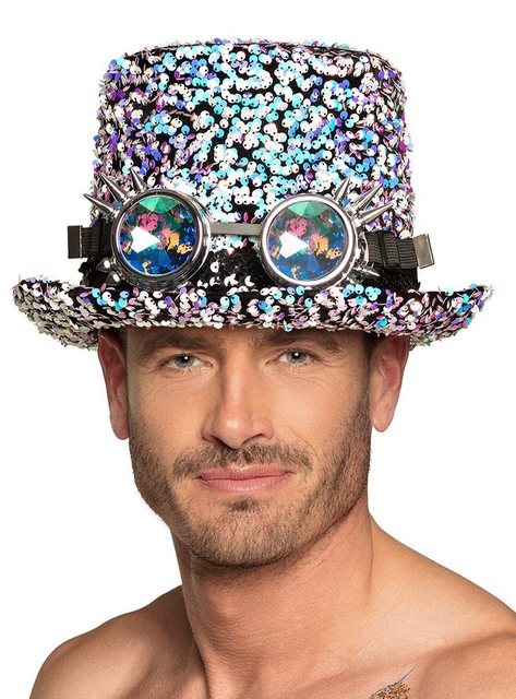 Bild von Boland Kostüm Silberglitzer Steampunk-Zylinder, Paillettenbesetzte Kopfbedeckung für Festivals, CSD oder fantasievoll