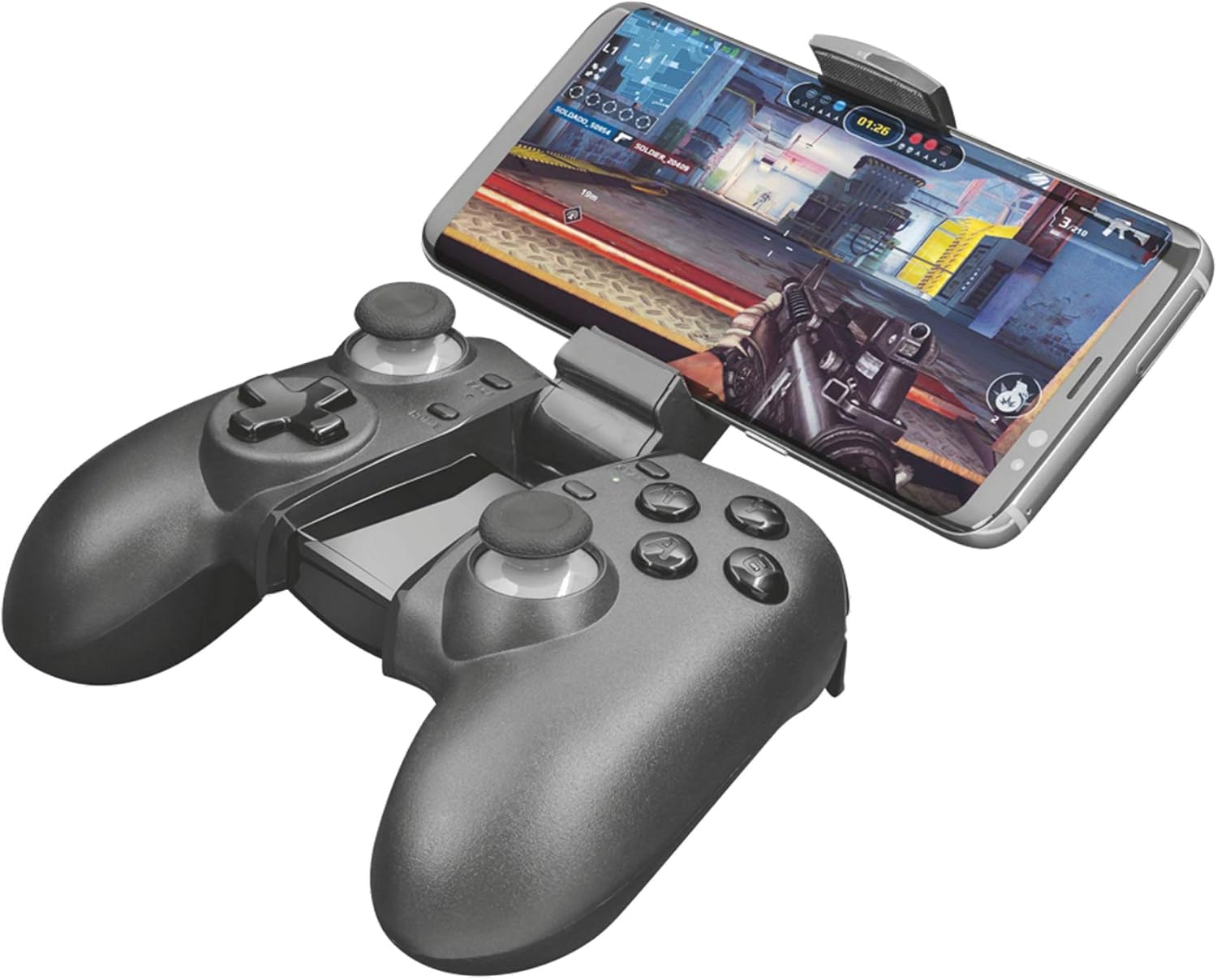 Bild von Trust Gaming GXT 590 Bosi Bluetooth Controller Kabellos für Windows und Android, Aufladbare Batterie, Gamepad mit Smartphone-Halterung, 13 Tasten, 2 Joysticks, Wireless, Spiele, PC, Computer, Handy