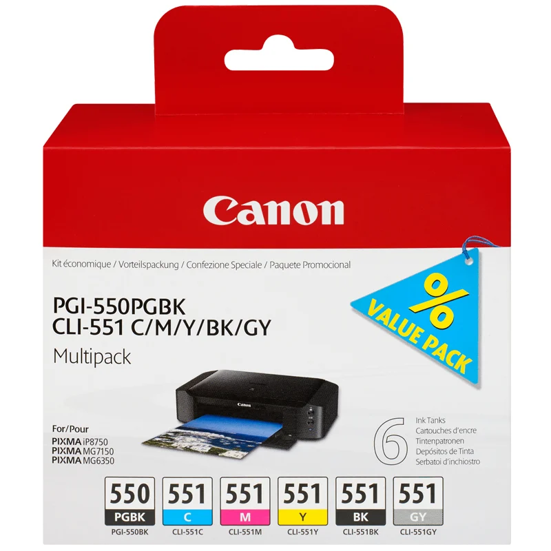 Bild von Canon Original PGI-550/CLI-551 Druckerpatronen 6er-Multipack - PGBK/GY/C/M/Y/BK
