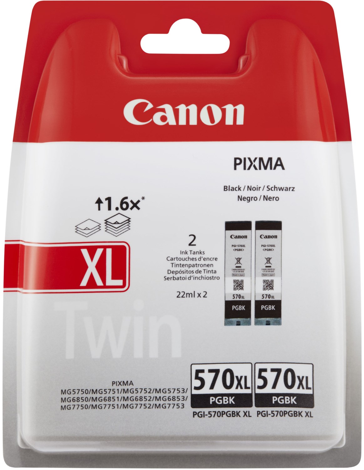 Bild von Canon PGI-570PGBK XL Twin Pack - 2er-Pack - Hohe Ergiebigkeit - Schwarz - Original - Blister mit Diebstahlsicherung - Tintenbehälter - für PIXMA MG5751, MG5752, MG5753, MG6851, MG6852, MG6853, MG7750, MG7751, MG7752, MG7753 (0318C007)