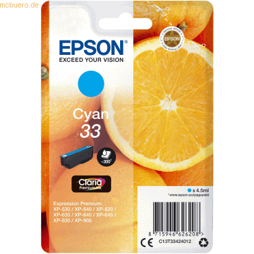 Bild von Epson SGLPCK CYAN 33 PREM.INK (C), Druckerpatrone