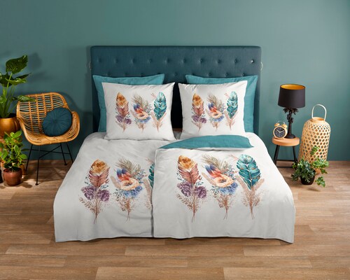 Bild von good morning Bettwäsche Renforcé Bettwäsche 155 X 220 cm + 1- 80 X 80 cm Via bunt federn, Baumwolle, 2 teilig, bettwäsche 155x220 baumwolle sale warm weihnachten 155x220 bettbezug