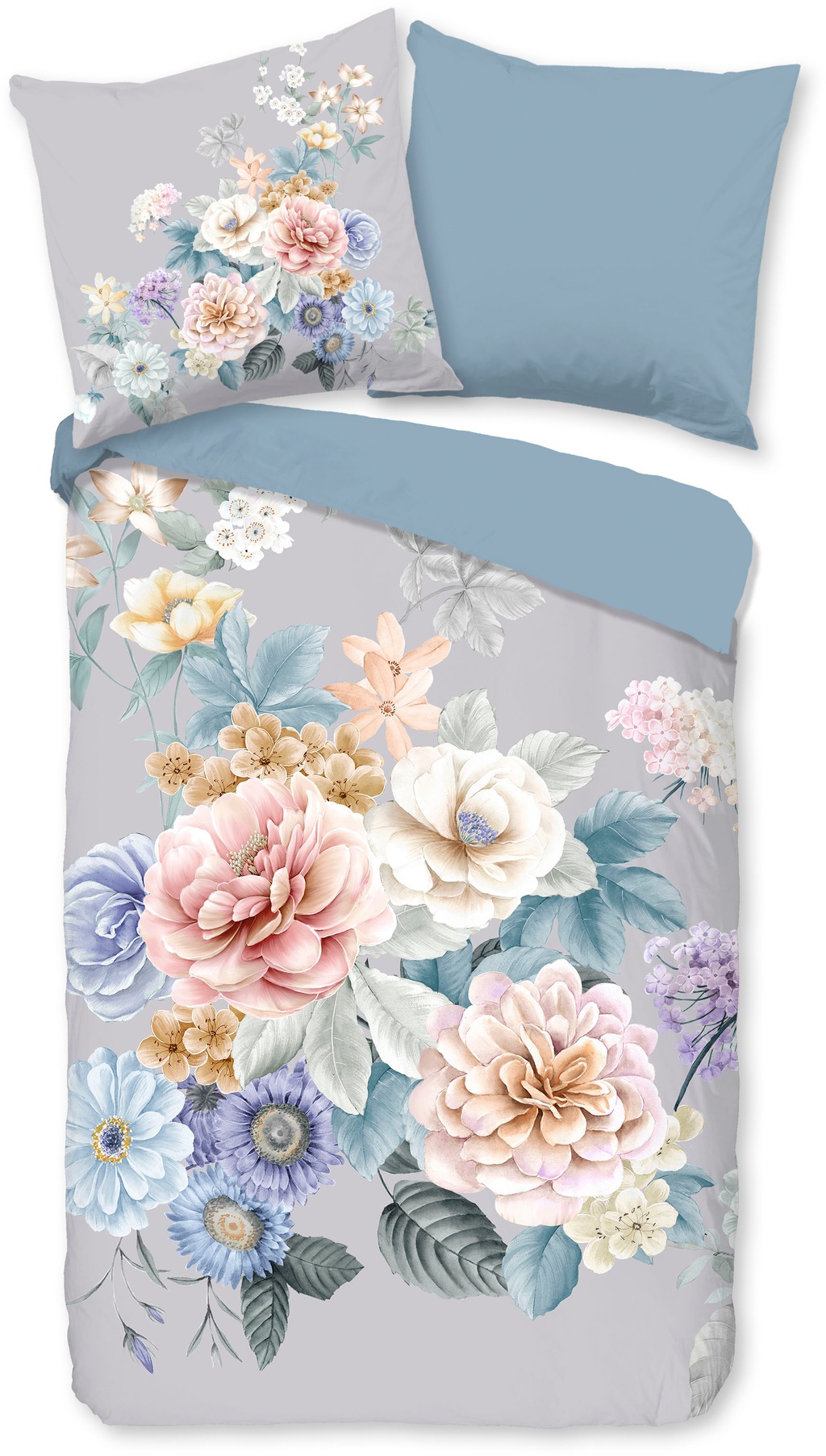 Bild von good morning Bettwäsche Renforcé Bettwäsche 155 X 220 cm + 1- 80 X 80 cm Ulm grau drawn flower, Baumwolle, 2 teilig, bettwäsche 155x220 baumwolle sale warm weihnachten 155x220 bettbezug