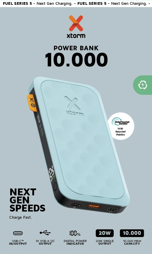 Bild von Xtorm Fuel Series 5 20W Powerbank, Klein und Stark, 10.000mAh, 2 x USB-C / 1 x USB-A, Flugzeugfest, Geeignet für Samsung und iPhone, Teal Blue
