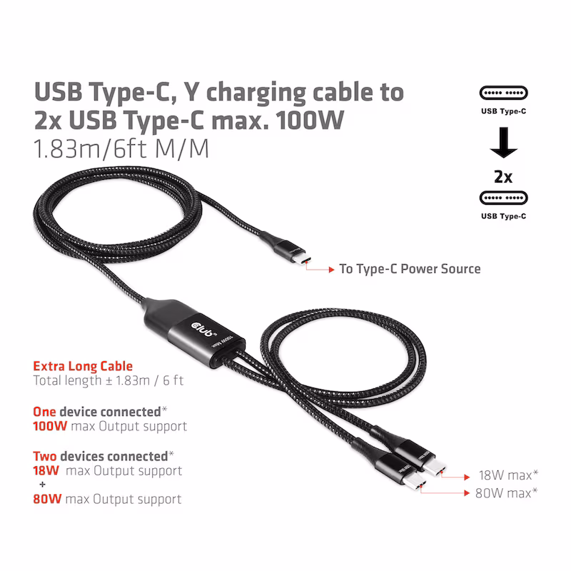Bild von Club 3D - USB-Kabel - USB-C (M) bis USB-C (M) - 1.83 m - USB-Stromversorgung (100 W), unterstützt Power Delivery 3.0, unterstützt Power Delivery 2,0