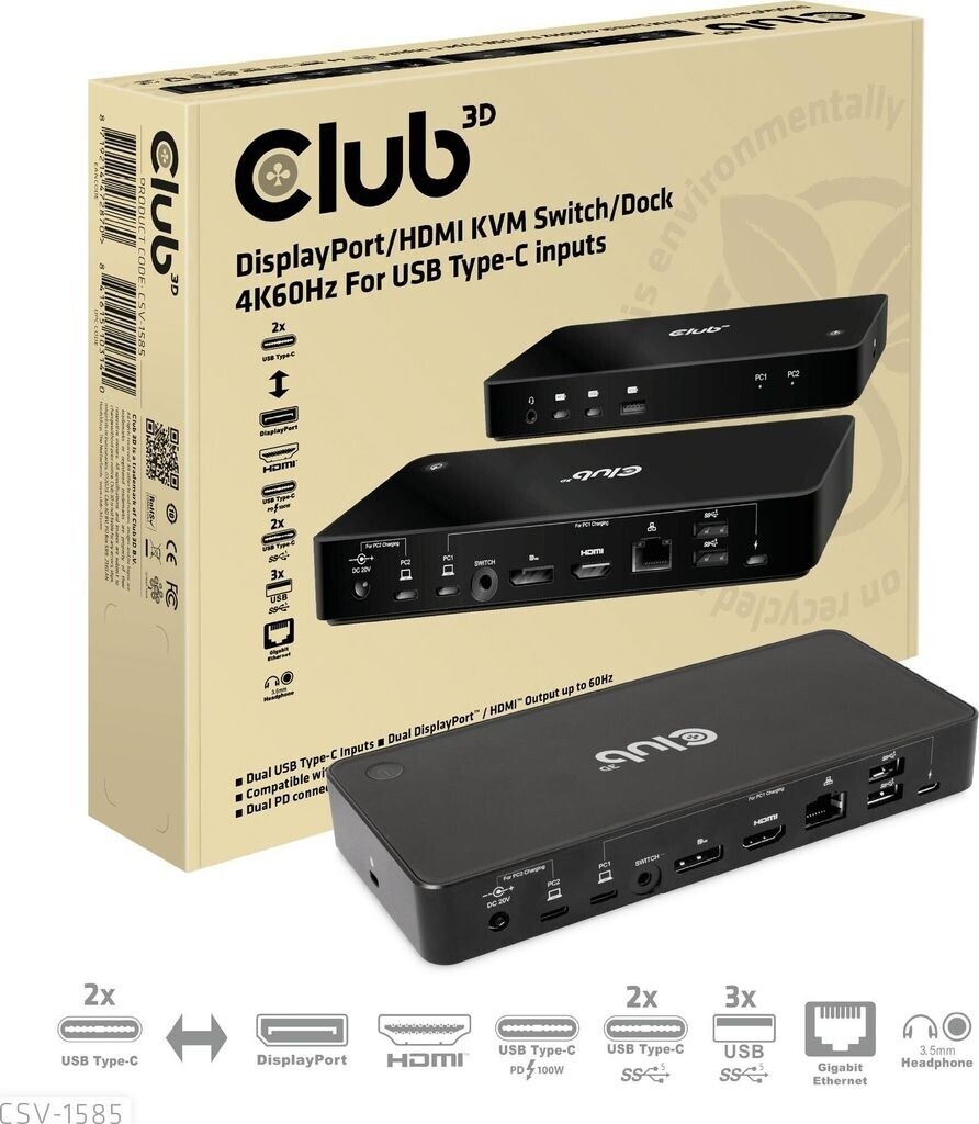 Bild von CLUB3D DisplayPort/HDMI KVM Switch/Dock 4K60Hz für USB Typ-C Eingänge (CSV-1585)