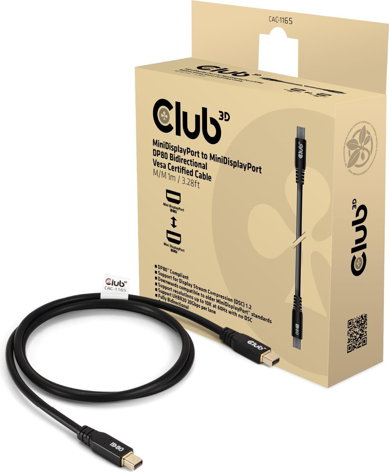 Bild von Club 3D MINIDISPLAYPORT TO MINIDISPLAYPORT DP80BIDIRECTIONAL VESA CERTIFIED CABLE 1M/3.28 FT - Kabel (CAC-1165)