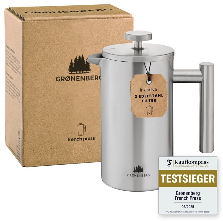 Bild von GRØNENBERG French Press Kanne Edelstahl Kaffeebereiter mit Thermo Effekt, 0.6l Kaffeekanne, Kaffeepresse inkl. 3 Ersatz-Filter