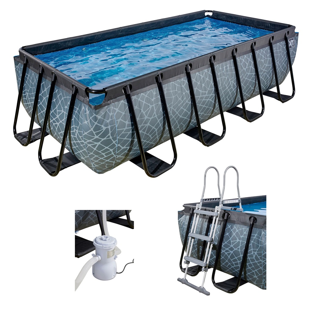 Bild von EXIT TOYS Stone Pool - 400x200x100cm - Großer, Rechteckiger Rahmenpool mit Kartuschenfilterpumpe - Extra tiefer Pool - Starker Rahmen - Inklusive Poolleiter - Einzigartiges Design - Grau