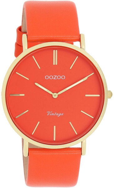 Bild von OOZOO Quarzuhr Oozoo Damen Armbanduhr Vintage Analog, (Analoguhr), Damenuhr rund, groß (ca. 40mm), Lederarmband rot, orange, Fashion