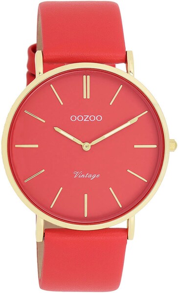 Bild von OOZOO Quarzuhr Oozoo Damen Armbanduhr Vintage Analog, (Analoguhr), Damenuhr rund, groß (ca. 40mm), Lederarmband orange, rot, Fashion