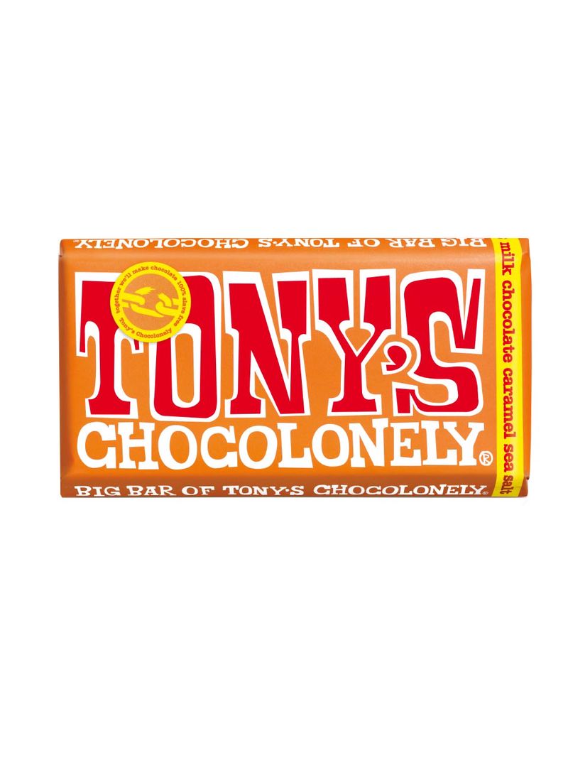 Bild von Tony's Chocolonely Fairtrade Milchschokolade mit mindestens 32% Kakaofeststoffen sowie Karamell und Meersalz. Hergestellt in Belgien. 240g