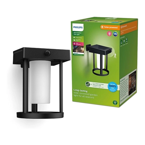 Bild von LED Solar Wandleuchte Camill in Schwarz und Weiß 1,4W 250lm IP44 mit Bewegungsmelder und Dämmerungssensor rund