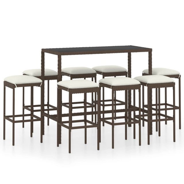 Bild von vidaXL Gartenlounge-Set 9-tlg. Gartenbar-Set mit Kissen Poly Rattan Braun, (8-tlg)