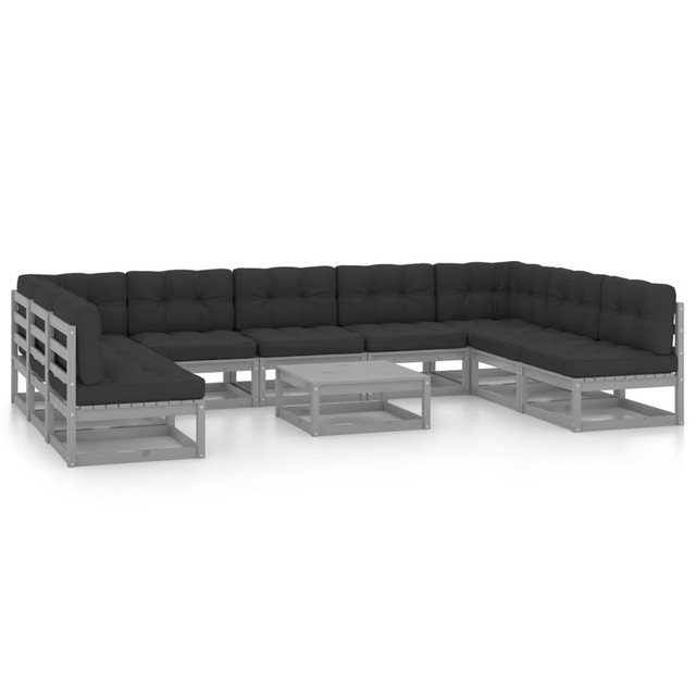 Bild von vidaXL Gartenlounge-Set 10-tlg. Garten-Lounge-Set mit Kissen Grau Massivholz Kiefer, (1-tlg)