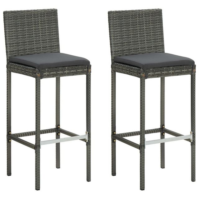 Bild von vidaXL Garten Barhocker mit Kissen 2 STK., Barstuhl mit Stahlrahmen, Tresenhocker für Garten Terrasse, Küchenhocker, Grau Poly Rattan
