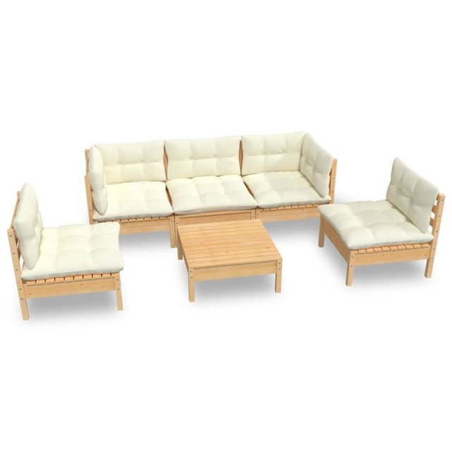 Bild von vidaXL Gartenlounge-Set 6-tlg. Garten-Lounge-Set mit Creme Kissen Massivholz Kiefer, (1-tlg)