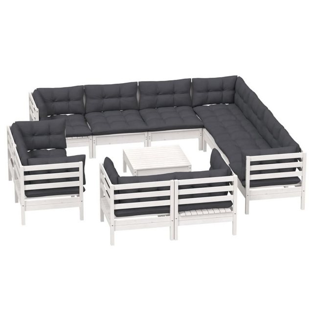 Bild von vidaXL Gartenlounge-Set 12-tlg. Garten-Lounge-Set mit Kissen Weiß Massivholz Kiefer, (1-tlg)