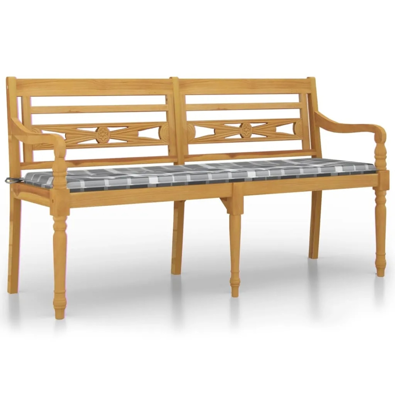 Bild von VidaXL Batavia-Bank mit Kissen Grau Karomuster 150 cm Massivholz Teak