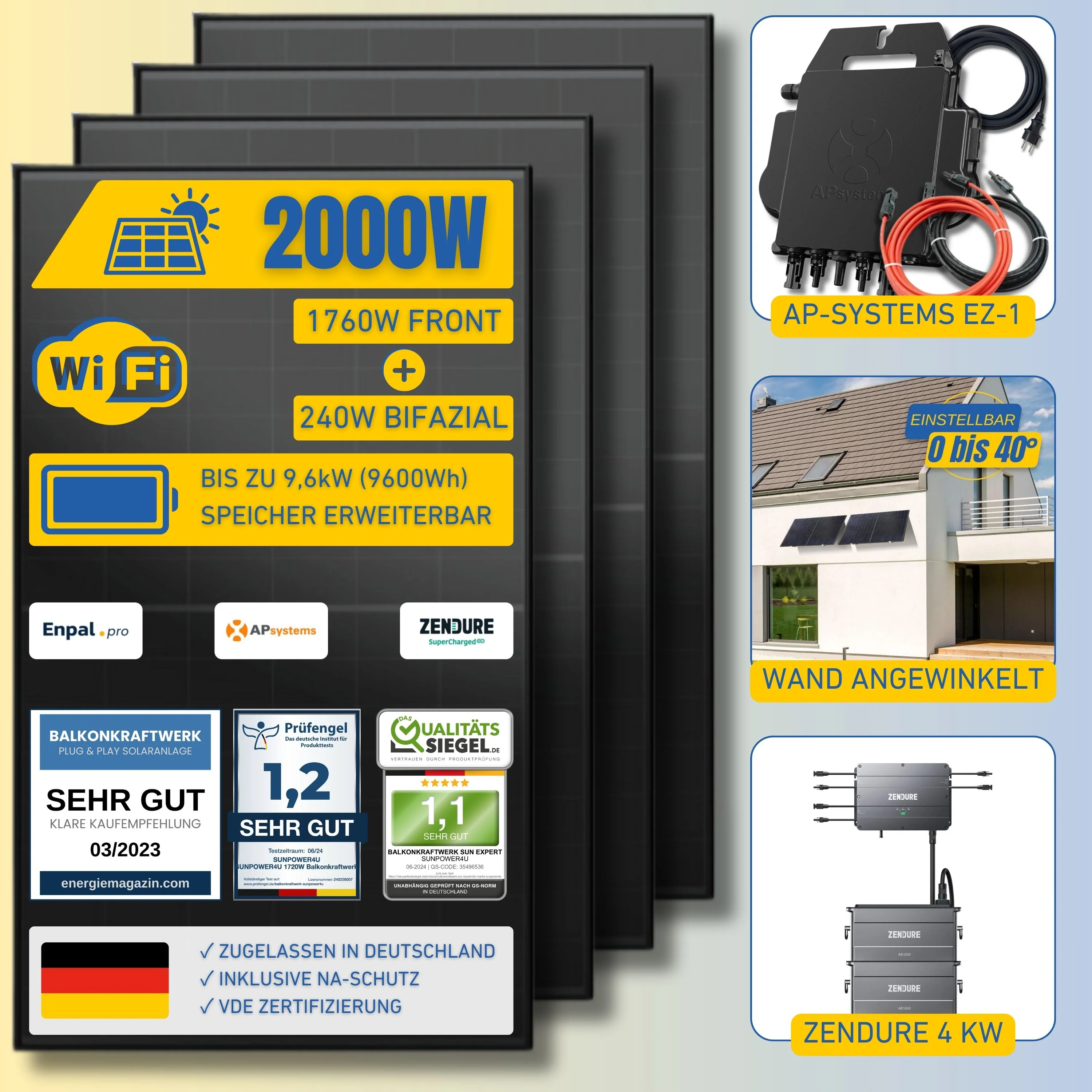Bild von Balkonkraftwerk SUN EXPERT PRO - 800W Einspeisung und 2000Wp Solarleistung Bifazial - Wand angewinkelt / Zendure SolarFlow 3840Wh