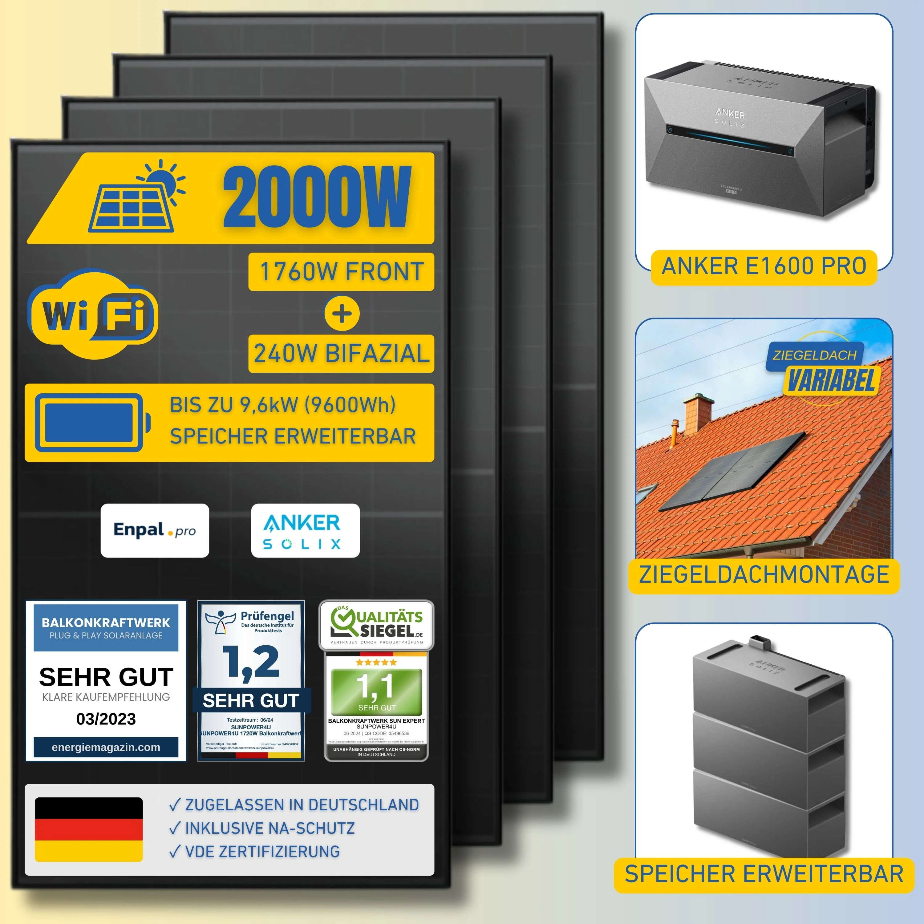 Bild von Balkonkraftwerk SUN EXPERT STREAM - 800W Einspeisung und 2000Wp Solarleistung Bifazial - Ziegeldach / + 2 x 1600Wh Speicher (4800Wh)