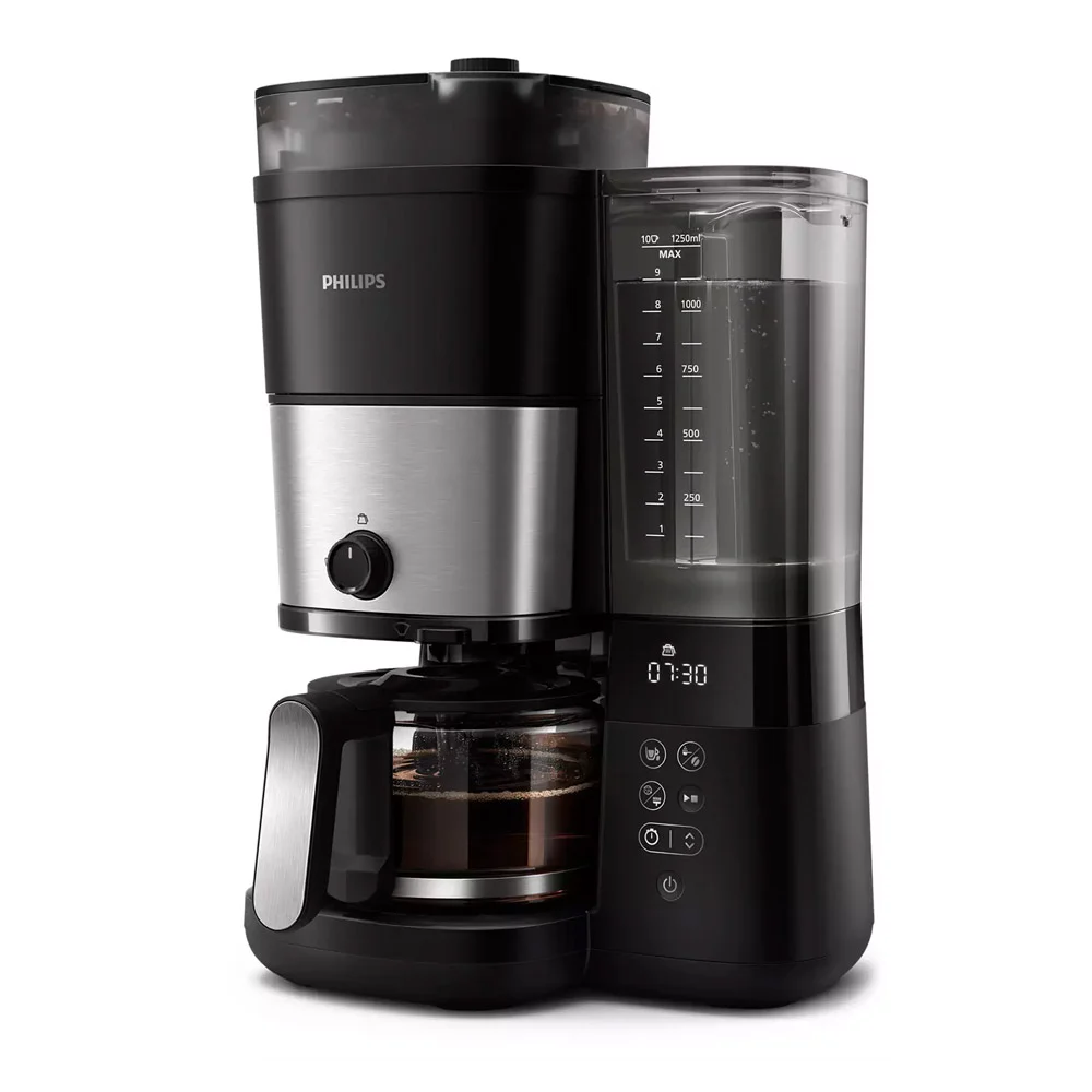Bild von Philips All-in-1 Filterkaffeemaschine - integriertes Kegelmahlwerk für frisch gemahlenen Kaffee - Duo-Bohnenbehälter, 1,25-L-Glaskanne, individuelle Einstellung der Intensität (HD7900/50)