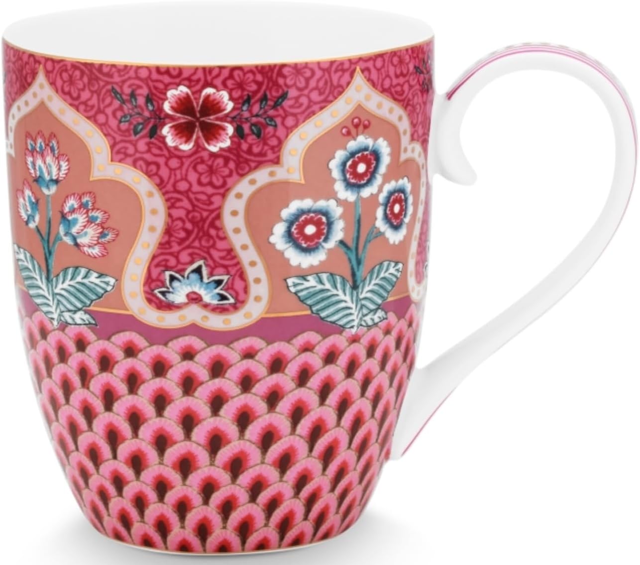 Bild von PiP Studio Becher Flower Festival sca.Henkelbecher dark p. XL 450 ml, Porcelain, Mug XL Flower Festival Scallop Deco Dark Pink 450ml