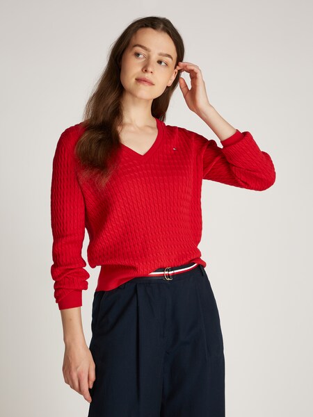 Bild von Tommy Hilfiger V-Ausschnitt-Pullover »CO CABLE V-NK LS SWT«, mit Zopfmuster, Logostickerei