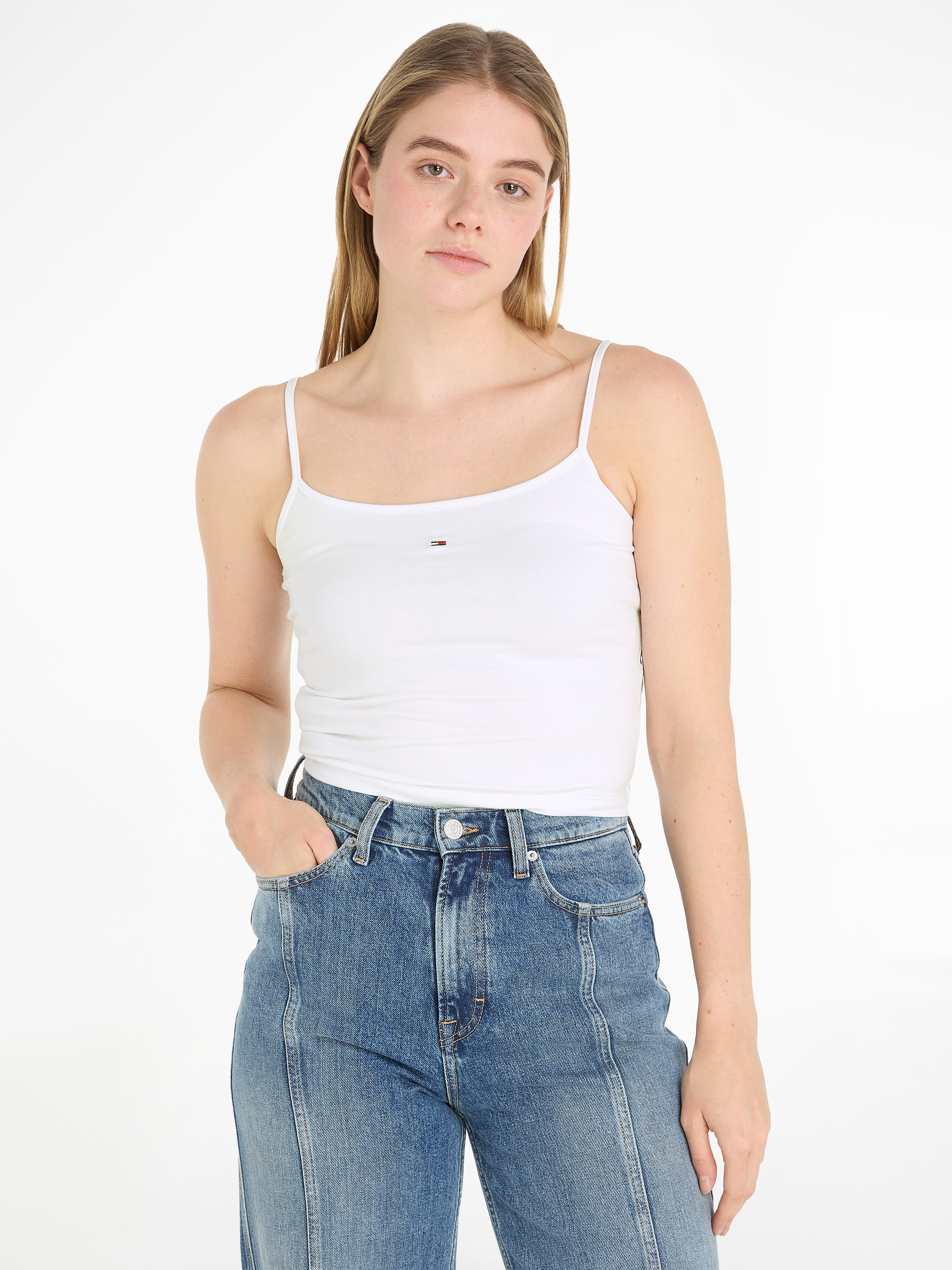 Bild von Tommy Jeans Spaghettitop »Crop Essential Strap Tank Top, kurz«, mit verstellbaren Spaghettiträgern Marken Logo