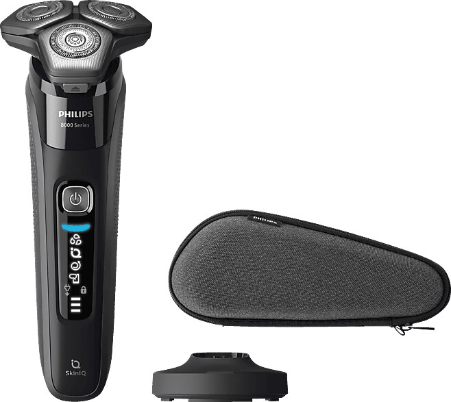 Bild von Philips Shaver Series 8000 – Elektrischer Nass- und Trockenrasierer mit SkinIQ Technologie in Schwarz, ausklappbarer Trimmer, Ladestation, Reiseetui, Reinigungsbürste (Modell S8696/35)
