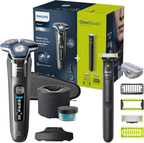 Bild von Philips Nassrasierer Shaver S7000 Nass- und Trockenrasierer & OneBlade (Modelle S7887/78), 2-tlg., mit Trimmer, Quick Clean Pod, Kartusche, Kammaufsatz, Reiseetui