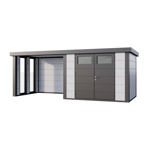 Bild von Telluria Metallgerätehaus Classico 3024 mit Lounge Anbau inkl. 2 Fenstern weiß Lounge-Anbau links
