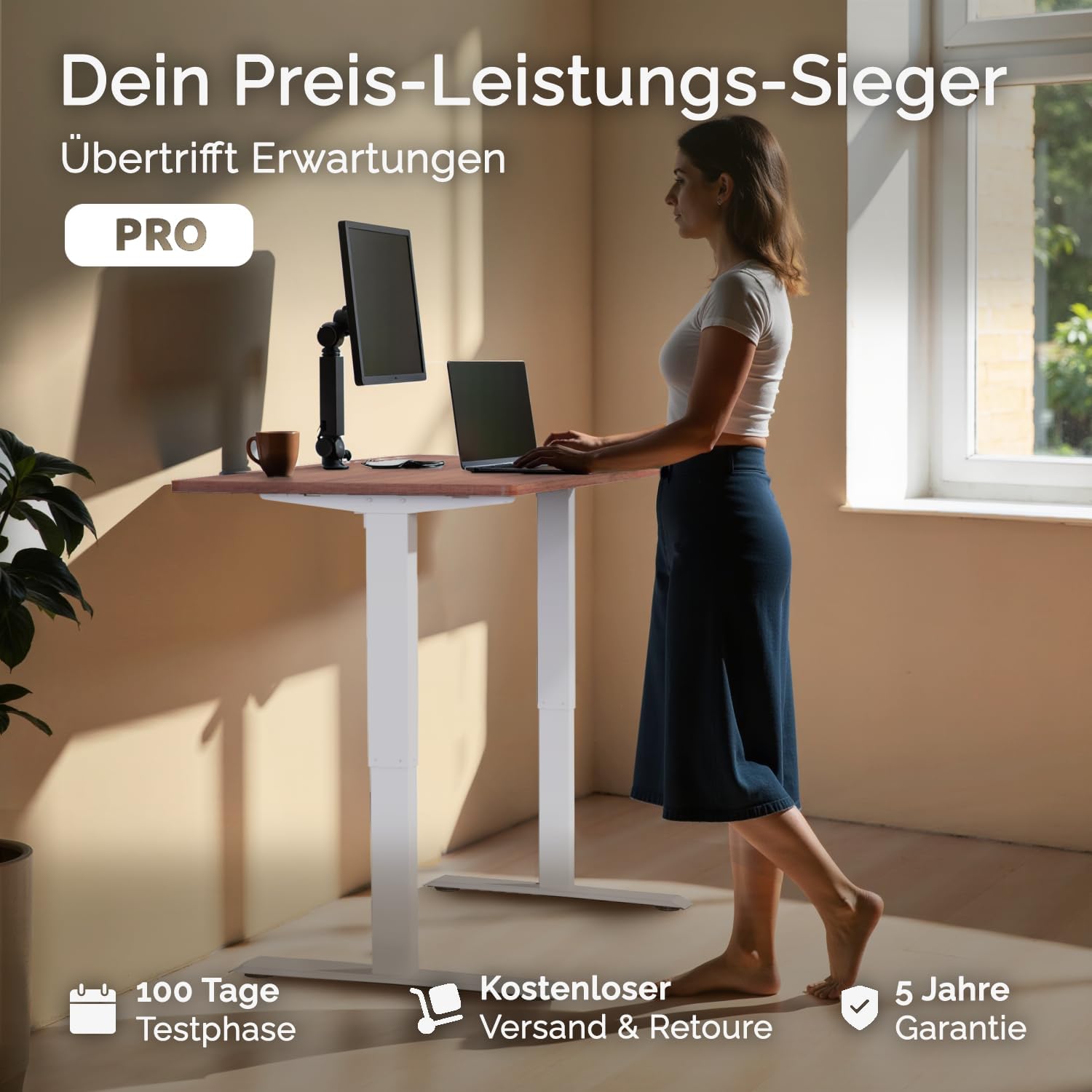Bild von DESKSPACE® PRO Elektrisch höhenverstellbarer Schreibtisch | +160x80 cm Mahagoni Tischplatte | Ergonomischer Stehpult mit Memory Funktion & Kollisionschutz | Weiße elektrisches Gestell mit Ladebuchse