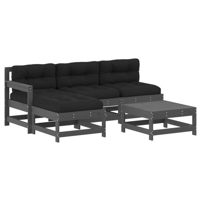 Bild von vidaXL Garten Lounge Set 5-TLG., Gartenmöbel Set mit Kissen, Sitzgruppe für Garten Terrasse, Modular Sofa Garnitur Loungemöbel, Grau Massivholz