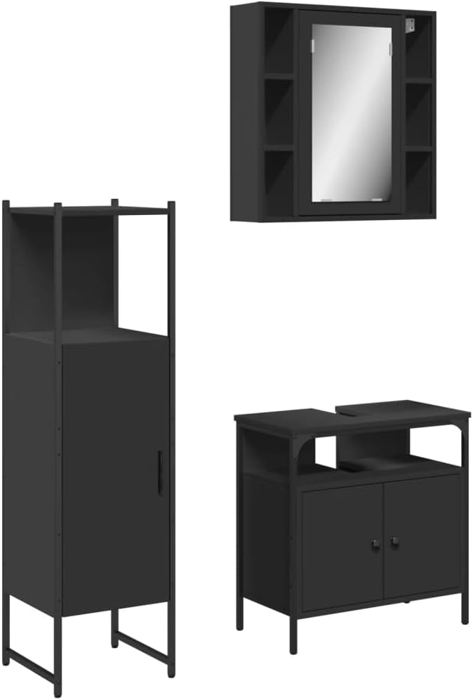 Bild von vidaXL Badmöbel Set 3-TLG., Badschrank Verstellbare Beine, Waschbeckenunterschrank Spiegelschrank Midischrank, Badezimmermöbel, Schwarz Holzwerkstoff
